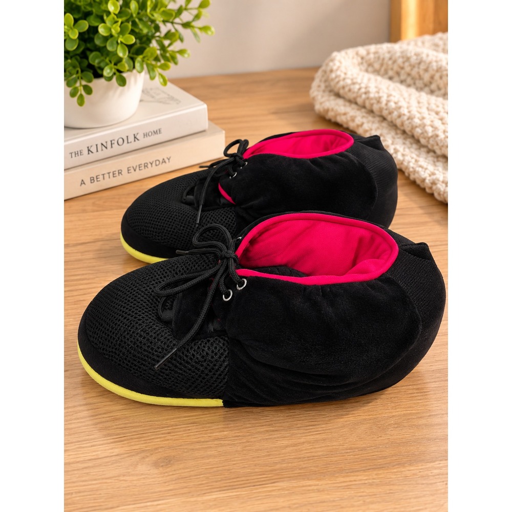 New Plush Sneaker Slippers โ Black/Red โ Size 39/41 โ Soft Cozy Laces Pillow Sty